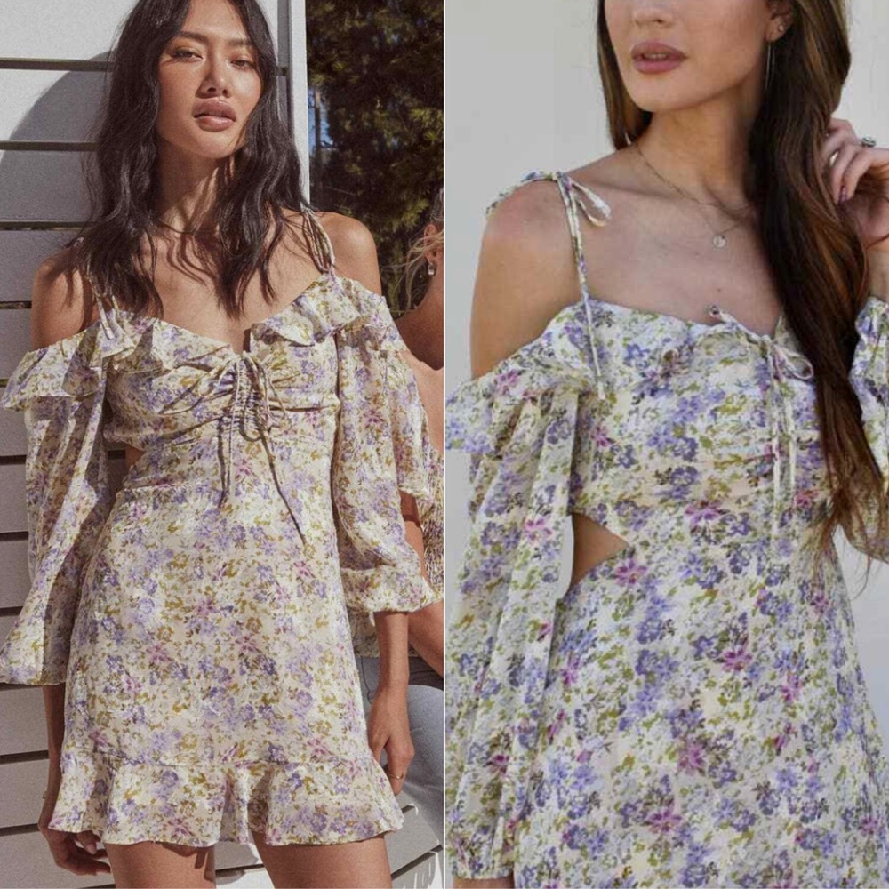 ASTR Anastasia Cutout Back Mini Dress, Ivory Lilac Floral, NWT - Picture 2 of 16